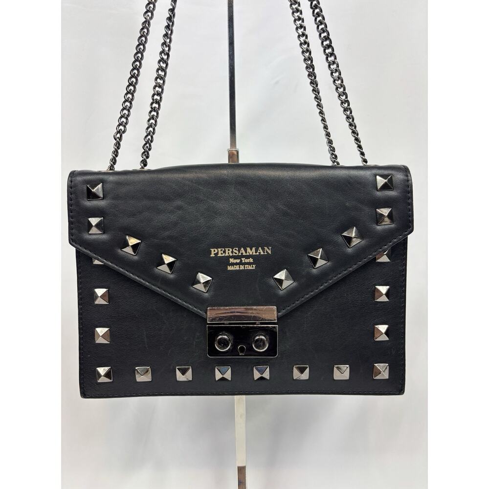 Persaman New York Roxy Shoulder Bag Black Leather Studded Silver Crossbody